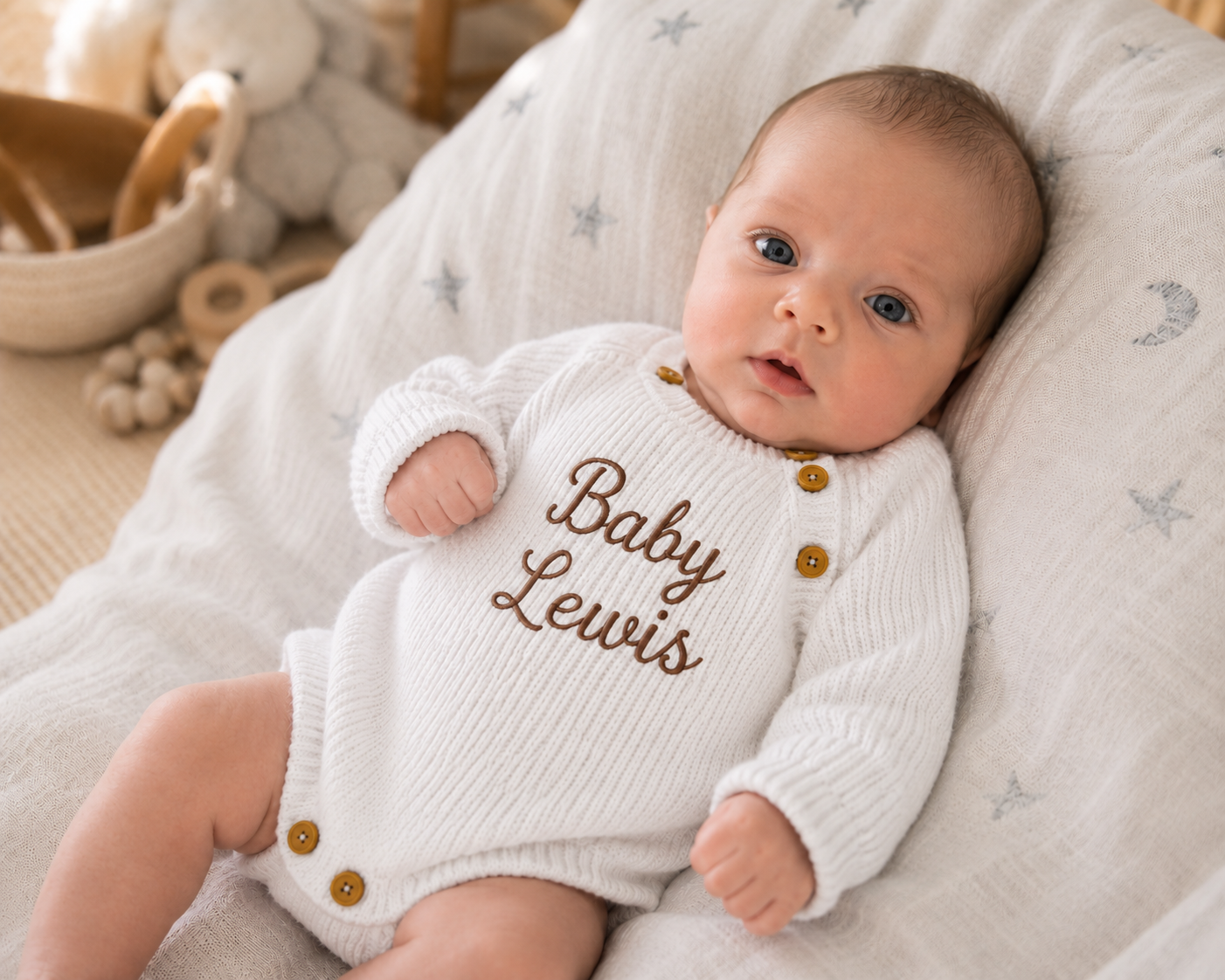 Personalised white knitted baby romper with name Baby Lewis embroidered on the front