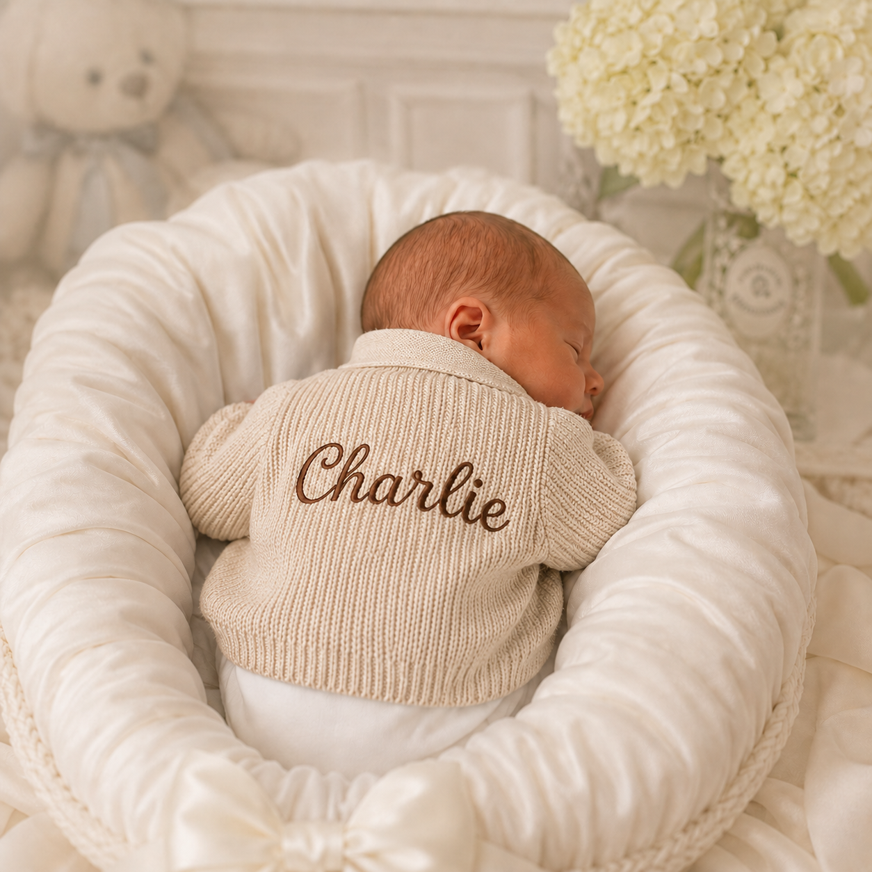 Newborn baby in a beige sweater with 'Charlie' embroidered, lying in a white crib.