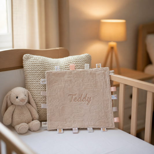 Personalised Biscuit Safari Comforter with Tags | Baby Comforter - PREORDER