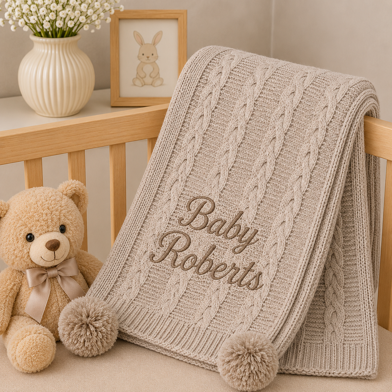 A beige cable-knit baby blanket with two pom-poms and the embroidered name 'Baby Roberts' is draped over a wooden crib. A teddy bear sits to the left, and a small framed bunny picture and white flower vase are in the background.