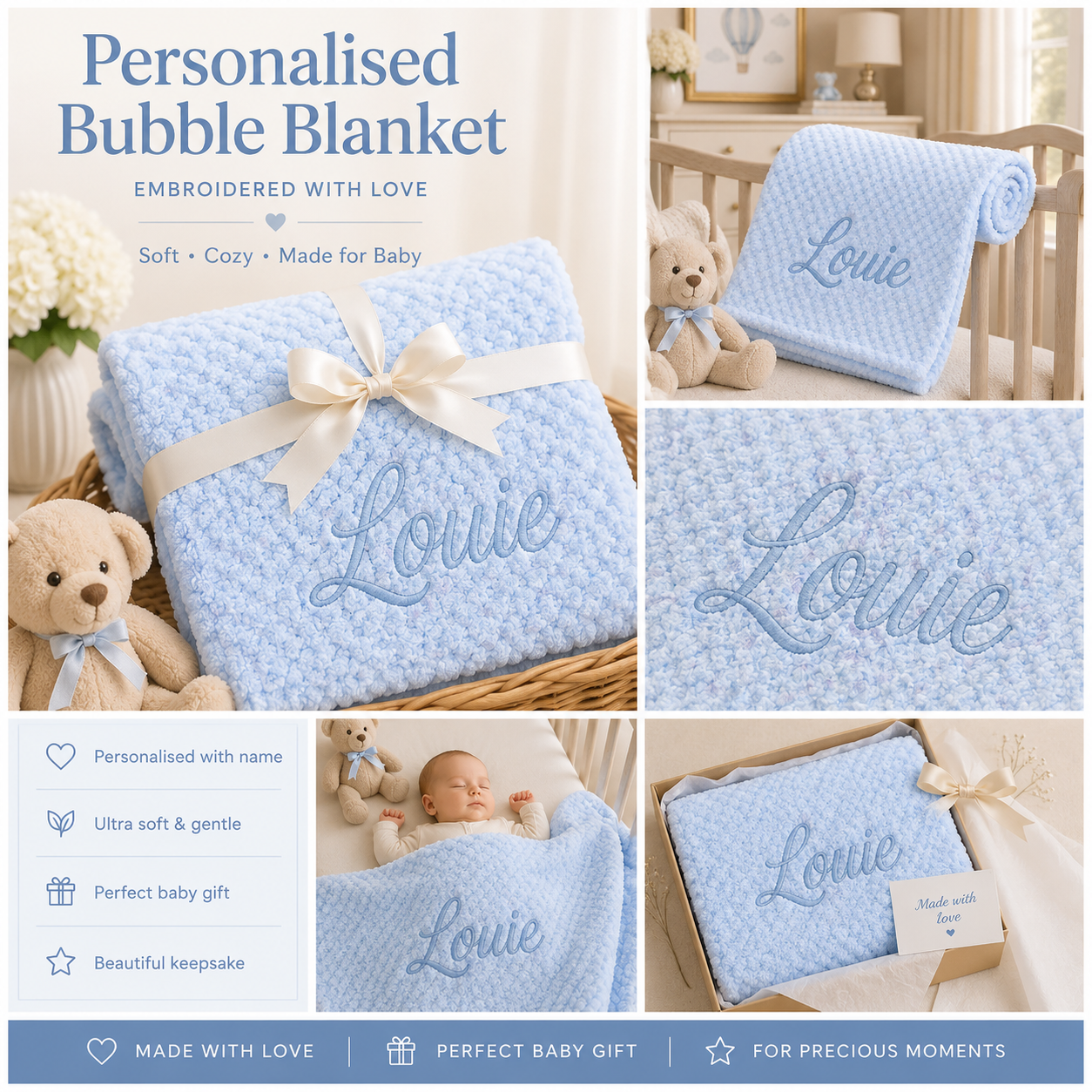 Personalized baby bubble blanket in light blue with embroidered name 'Louie', shown folded with a cream ribbon bow, in a crib with teddy bears, plus feature callouts and packaging views.