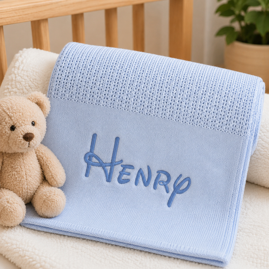 Personalised blue cellular cotton knitted baby blanket with embroidered name