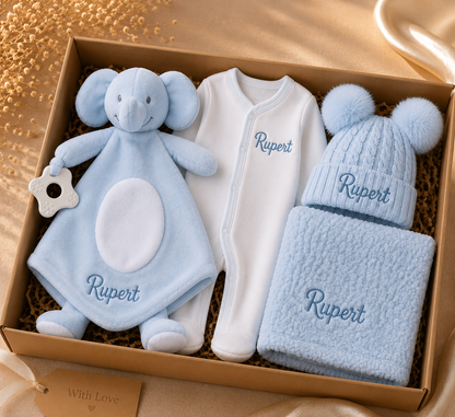 Personalised Blue Elephant Baby Gift Box | Babygrow, Hat, Blanket & Elephant Toy PREORDER