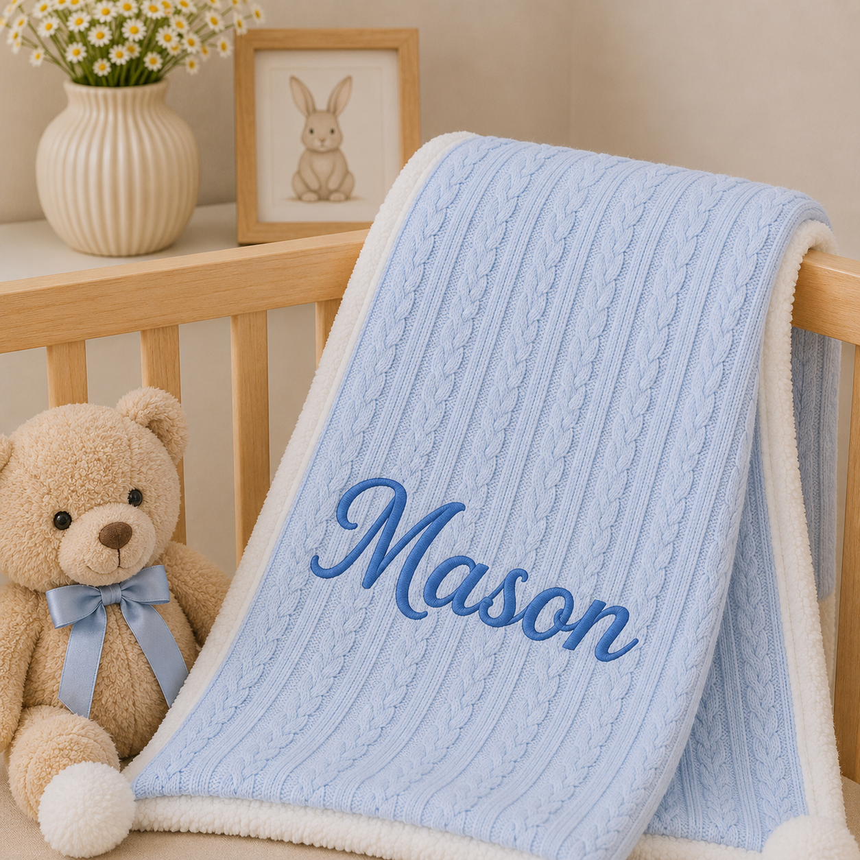 A light blue cable-knit baby blanket with a white sherpa trim and the name 'Mason' embroidered in blue script, draped over a wooden crib next to a teddy bear and a framed bunny picture.