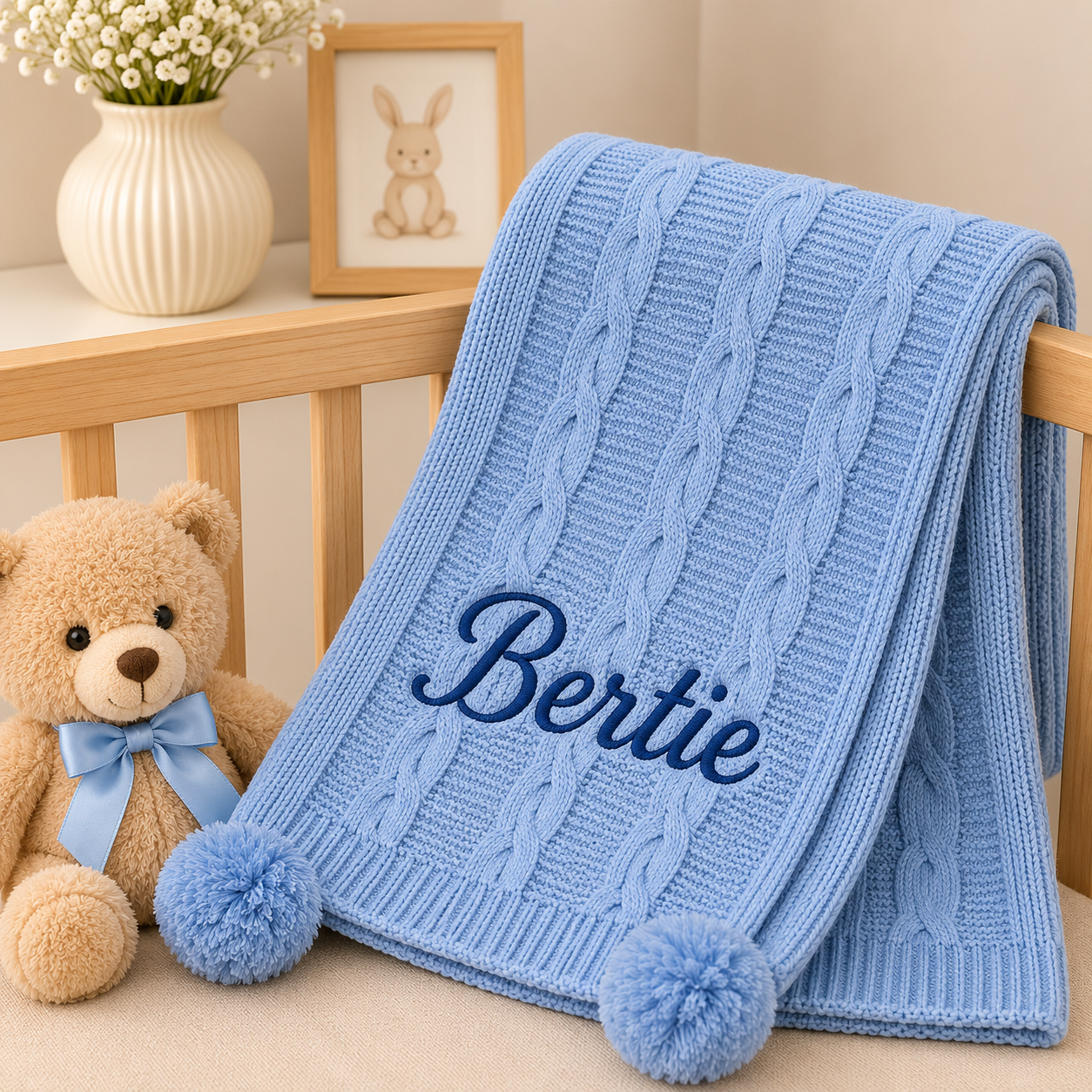 A light blue cable-knit baby blanket draped over a wooden crib, featuring the name 'Bertie' embroidered in navy blue and two matching blue pom-poms at the corners. A plush teddy bear wearing a matching blue bow sits beside the crib, with a cream vase of flowers and a framed bunny picture in the background.