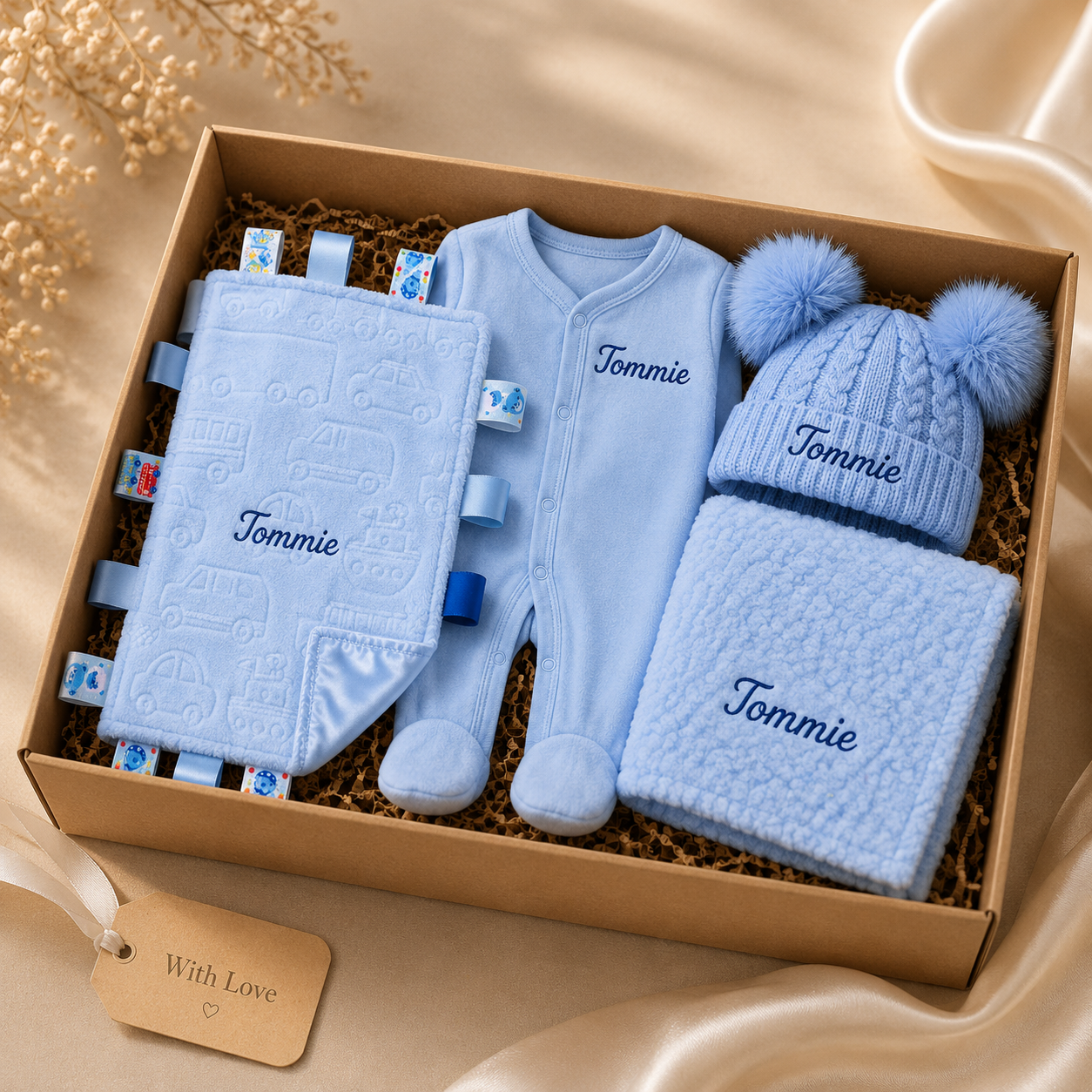 Baby gift set with blue baby clothes and accessories in a box, featuring the name 'Tommie'.