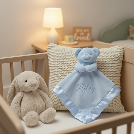 Blue Teddy Bear Comforter with Blue Satin Trim