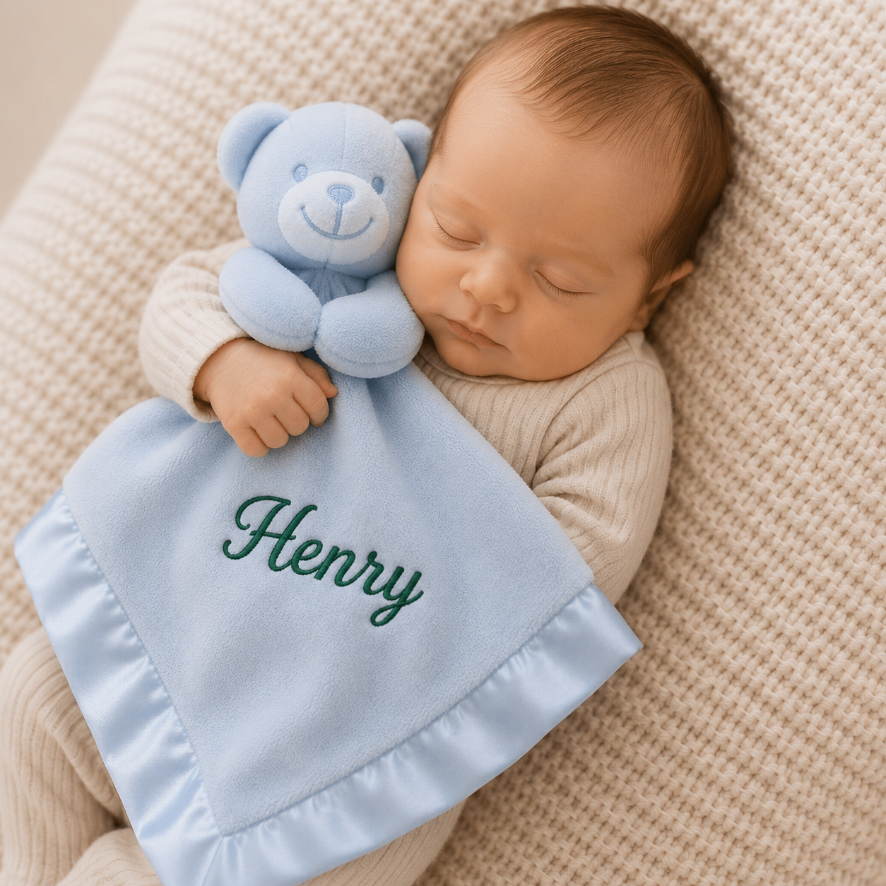 Newborn baby holding a blue teddy bear and blanket with 'Henry' embroidered, lying on a beige textured surface.