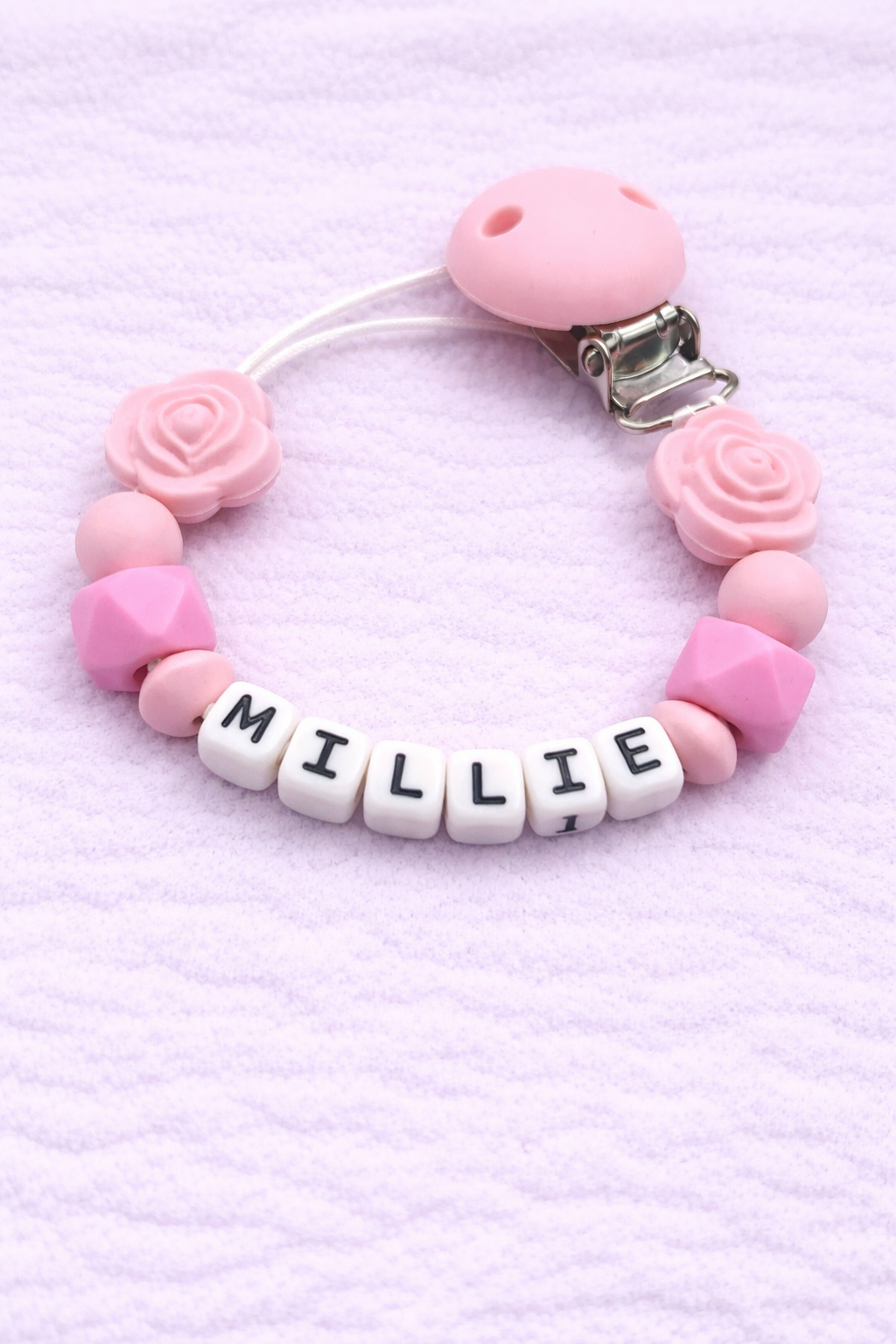 Personalised Blush & Pink Rose Flower Dummy Clip (Small Plastic Letter Design)