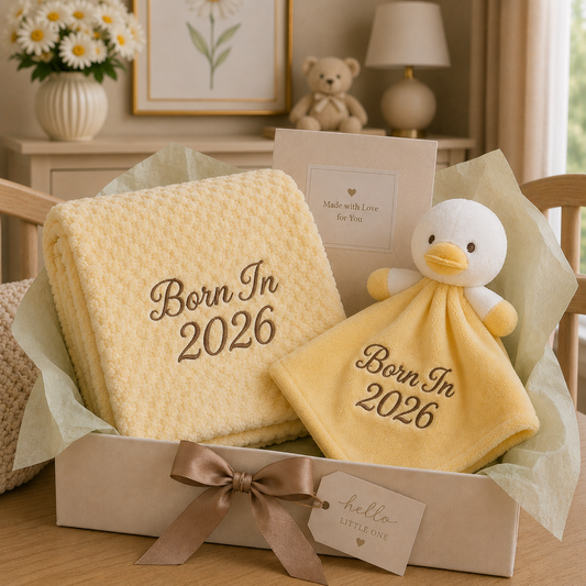 Born In 2026 yellow bubble blanket and duck comforter baby gift box