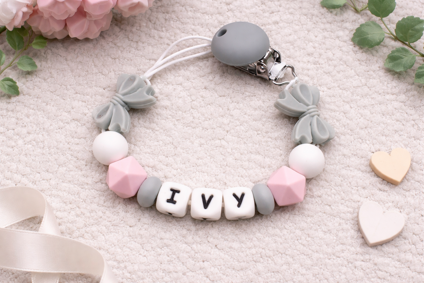 Grey Personalised Bow Dummy Clip – Silicone Pacifier Holder for Baby Girls (Silicone Letter Design)