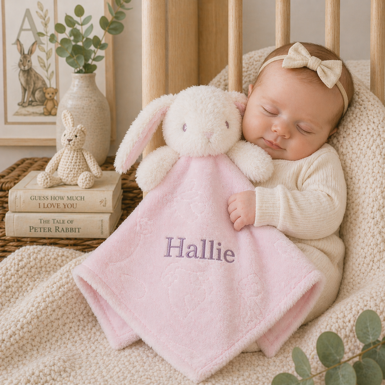 Baby sleeping in a crib with a pink blanket and bunny toy, surrounded by books and decor.