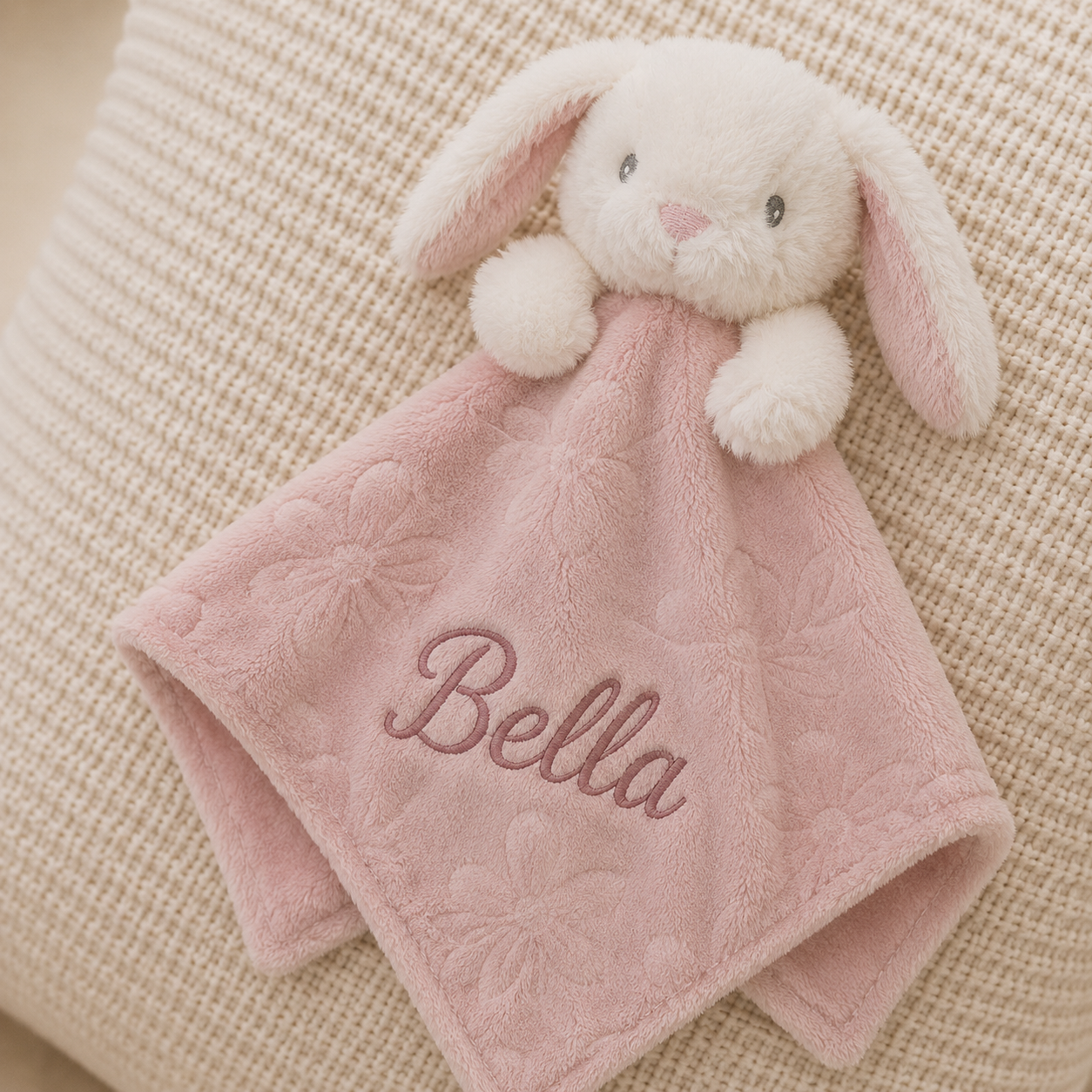 A pink plush baby security blanket with a white bunny head and long floppy ears, embroidered with the name 'Bella' in pink on the front, laid on a textured beige fabric surface.