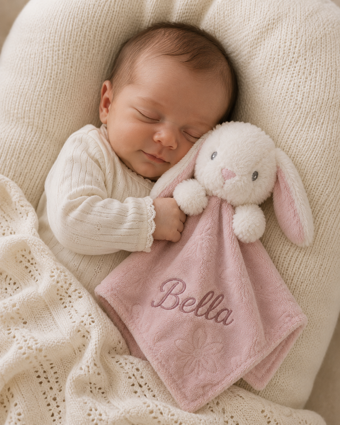A sleeping newborn baby in a cream ribbed long-sleeve outfit rests on a cream knit blanket, holding a pink plush bunny security blanket with the name 'Bella' embroidered on it.