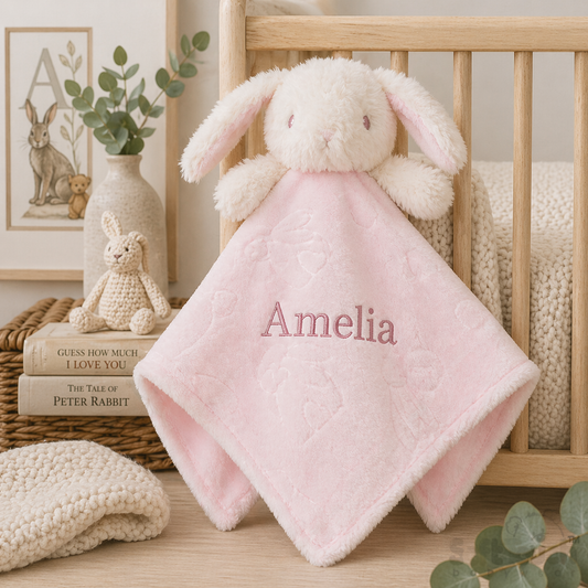 Pink plush bunny blanket with 'Amelia' embroidered on it in a nursery setting.