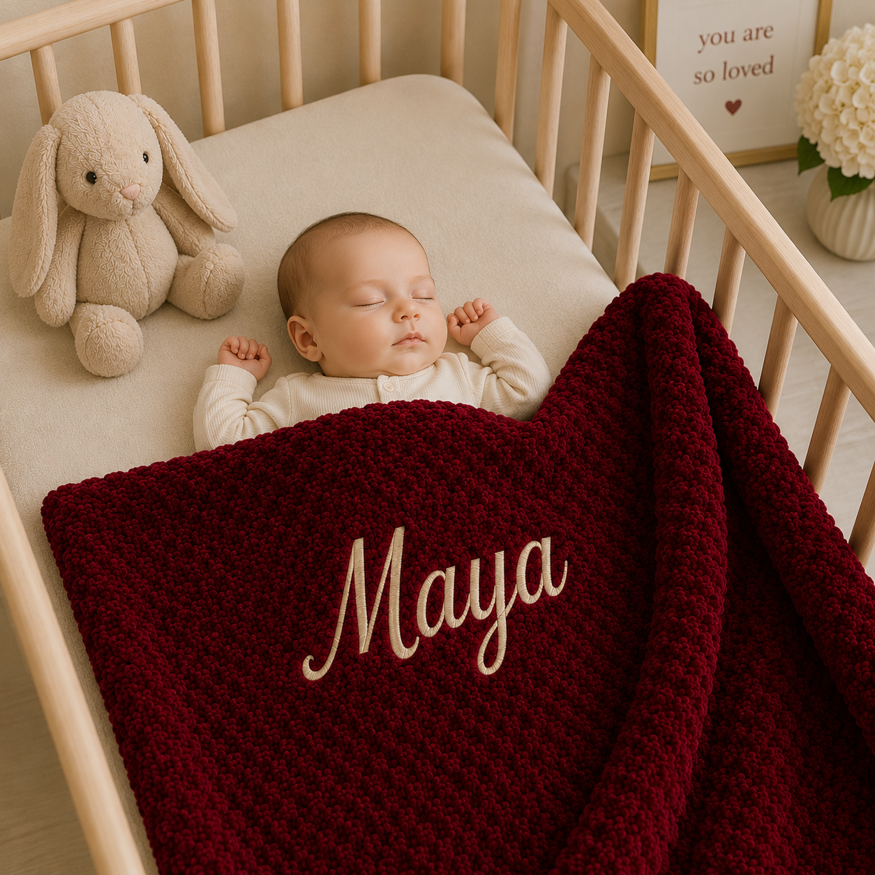 A cosy newborn tucked into a wooden crib under a personalised burgundy bubble blanket embroidered with "Maya" in Gold. A heartwarming keepsake blanket and special gift from Nana.