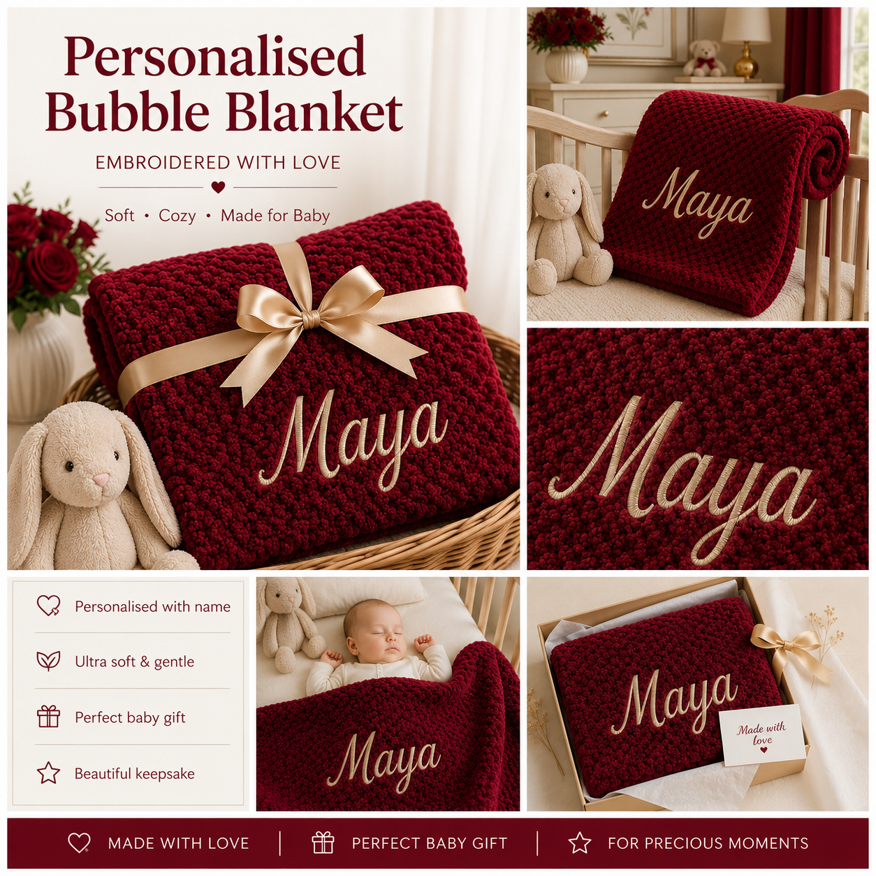 Premium personalised Burgundy bubble blanket embroidered with "Myaa" in Gold. Soft, cosy and beautifully presented with nursery, close-up embroidery and gift box lifestyle images. A meaningful keepsake gift for babies and proud Nanas.