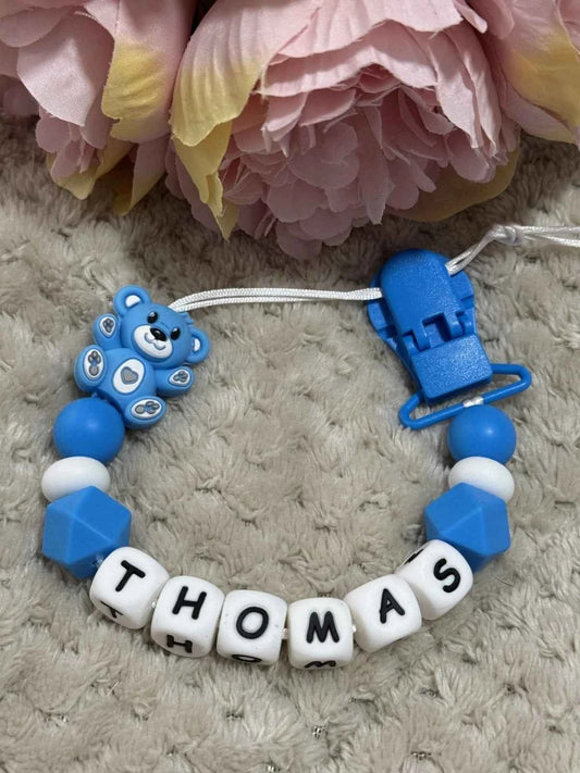 Personalised Care Bear Dummy Clip – Bright Blue (Silicone Letter Design)