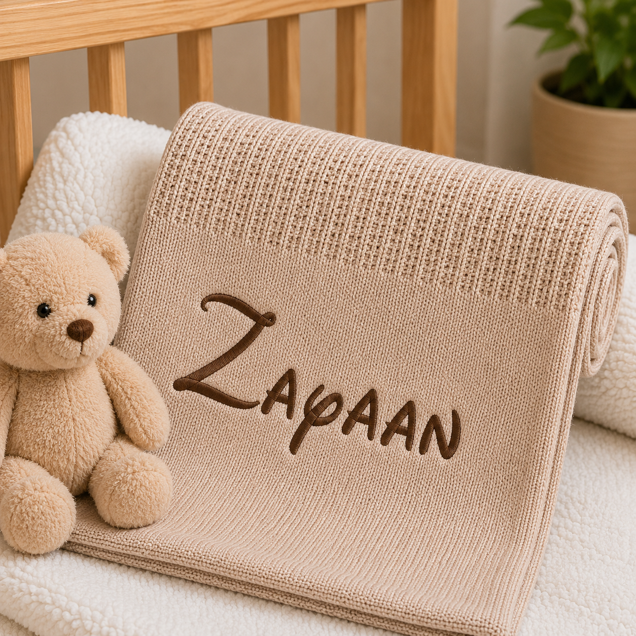 Personalised coffee cellular cotton knitted baby blanket with embroidered name