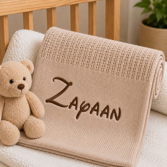 Personalised coffee cellular cotton knitted baby blanket with embroidered name
