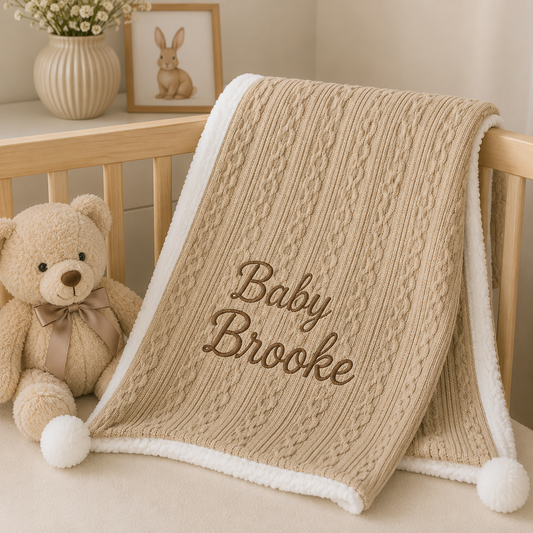 A beige cable-knit baby blanket with a white sherpa border and pom-poms, personalized with the embroidered text 'Baby Brooke'. The blanket is draped over a wooden crib next to a teddy bear and a small bunny picture frame.