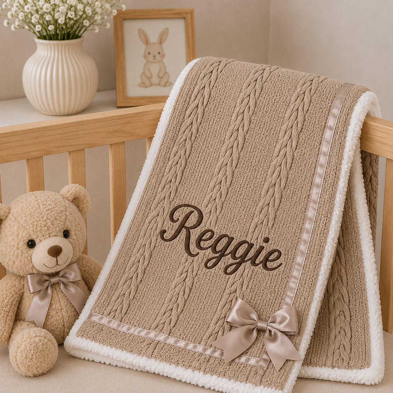 A personalized baby blanket draped over a wooden crib, featuring a beige cable-knit pattern, white sherpa trim, and the name 'Reggie' embroidered in brown. A matching teddy bear with a ribbon bow sits beside it, with a vase of flowers and a framed bunny picture in the background.