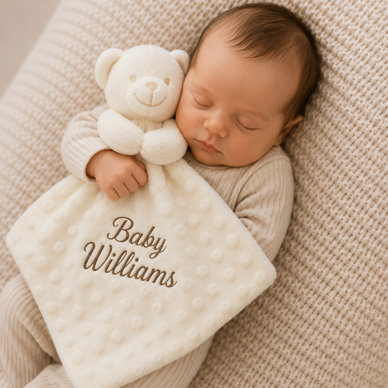 Newborn baby holding a white teddy bear and personalized blanket on a beige textured surface