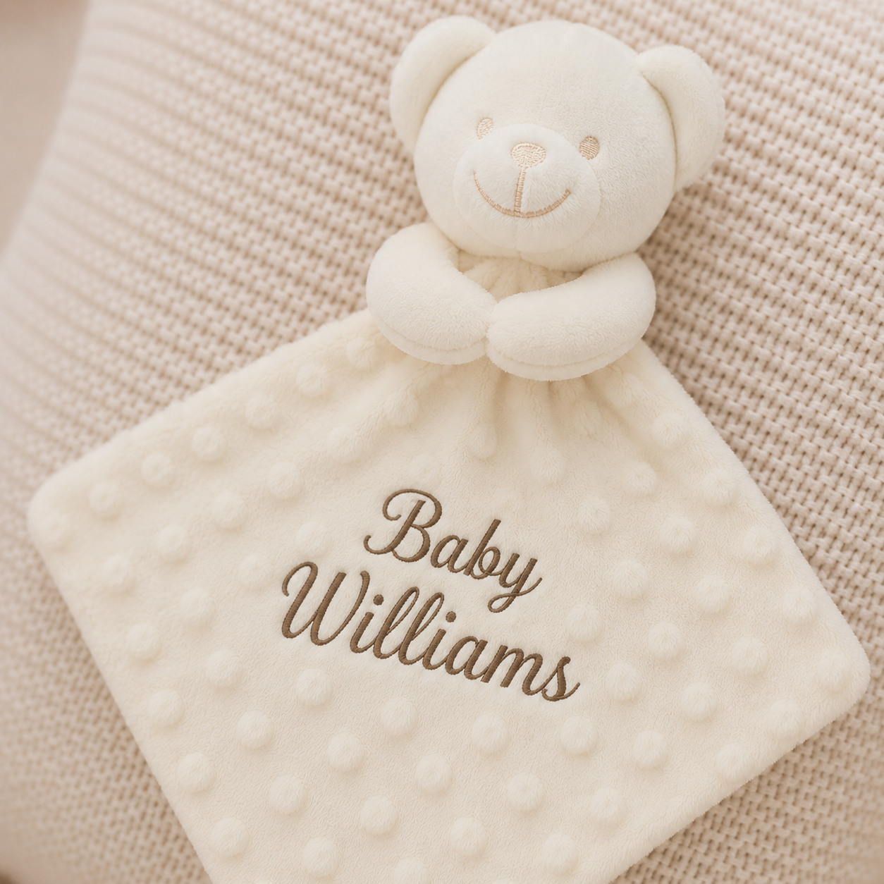 White teddy bear security blanket with 'Baby Williams' embroidery on a beige textured background