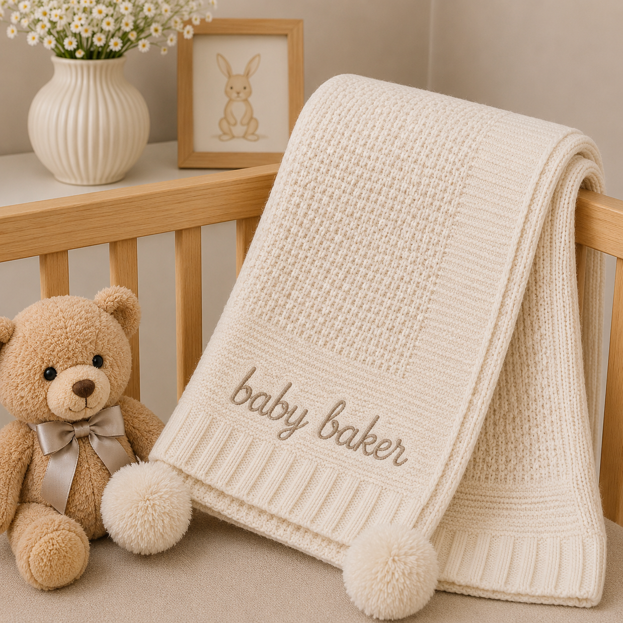 A cream-colored knit baby blanket with pom-poms and 'baby baker' embroidered on it, draped over a wooden crib next to a teddy bear and nursery decor.