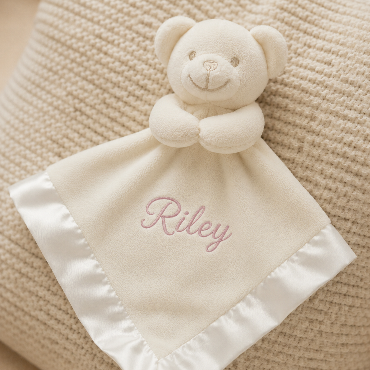 White teddy bear security blanket with 'Riley' embroidered on a textured beige surface