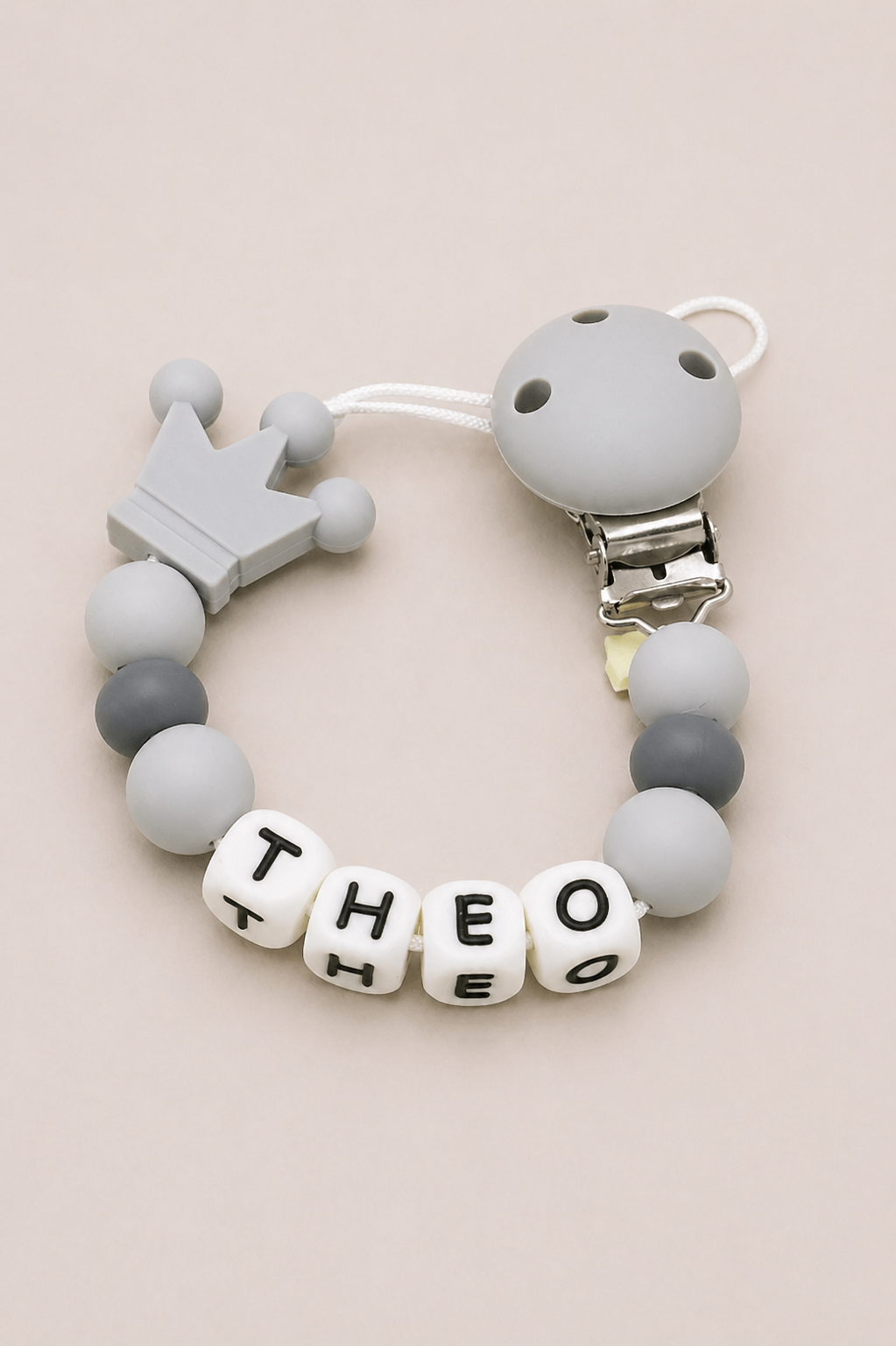 Personalised Crown Dummy Clip - Light Grey Tones