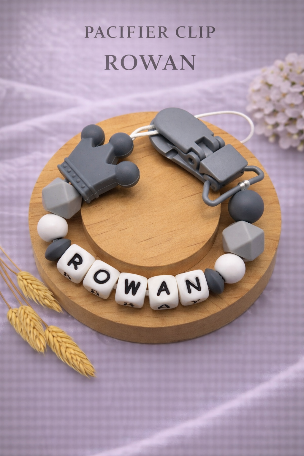 Personalised Crown Dummy Clip - Dark Grey (Silicone Letter Design)