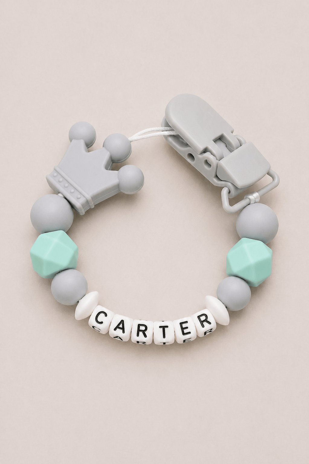 Personalised Crown Dummy Clip – Grey & Mint 