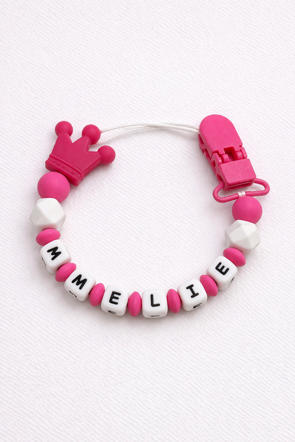 Personalised Crown Dummy Clip – Hot Pink & White (Silicone Letter Design)