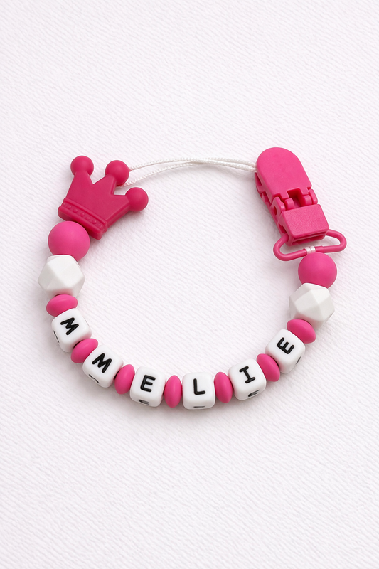 Personalised Crown Dummy Clip – Hot Pink & White (Silicone Letter Design)