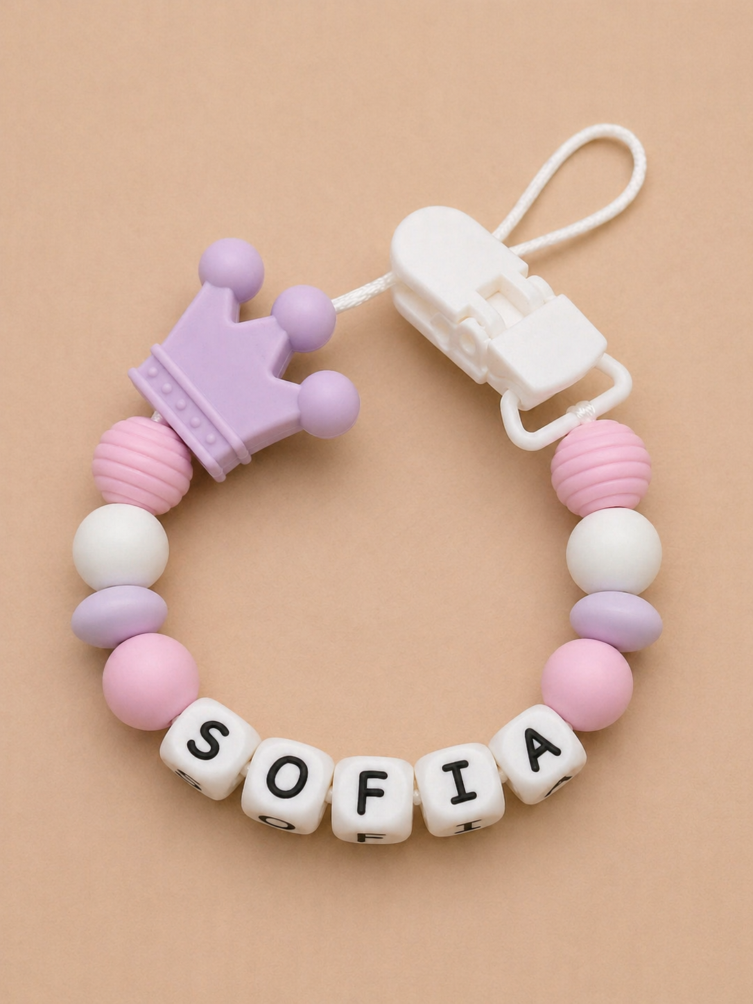 Personalised Crown Dummy Clip – Lilac, Pink & White 