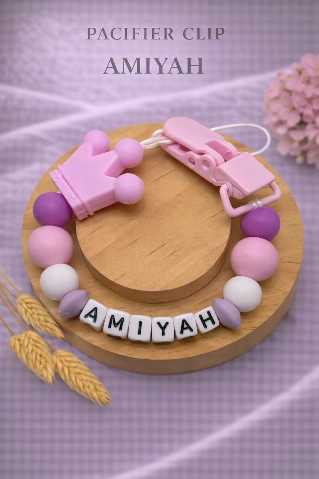 Personalised Crown Dummy Clip - Pink & Purple (Plastic Letter Design)