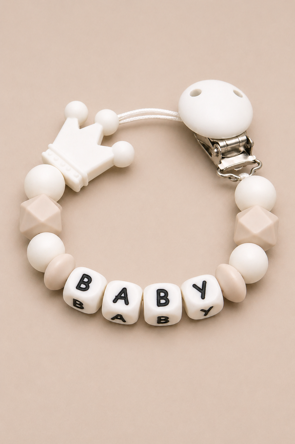 Personalised Crown Dummy Clip – White/Beige