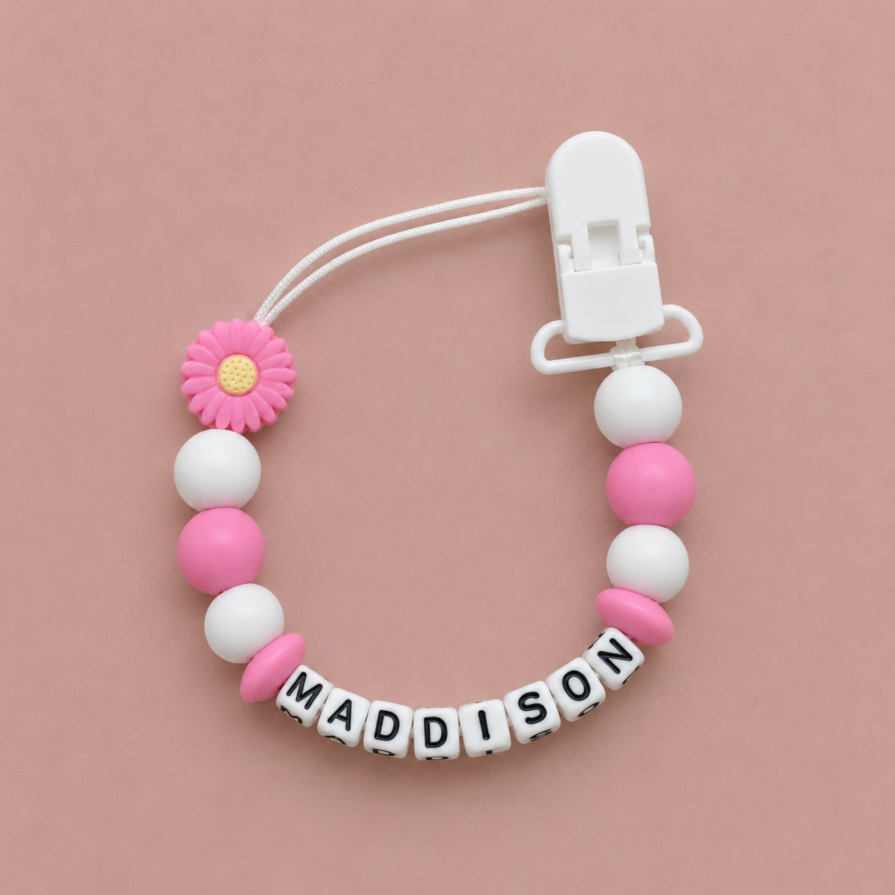 Personalised Pink Daisy Flower Dummy Clip (Plastic Letter Design)
