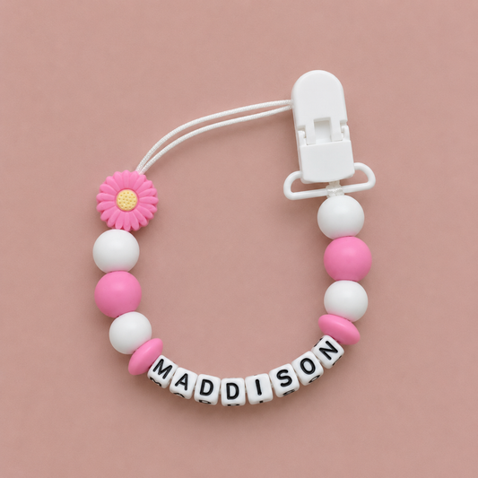 Personalised Pink Daisy Flower Dummy Clip (Plastic Letter Design)