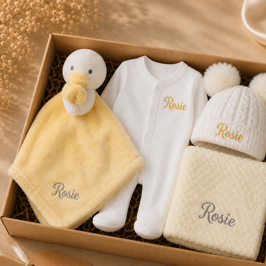 Baby gift set with 'Rosie' on clothing and plush items in a box.