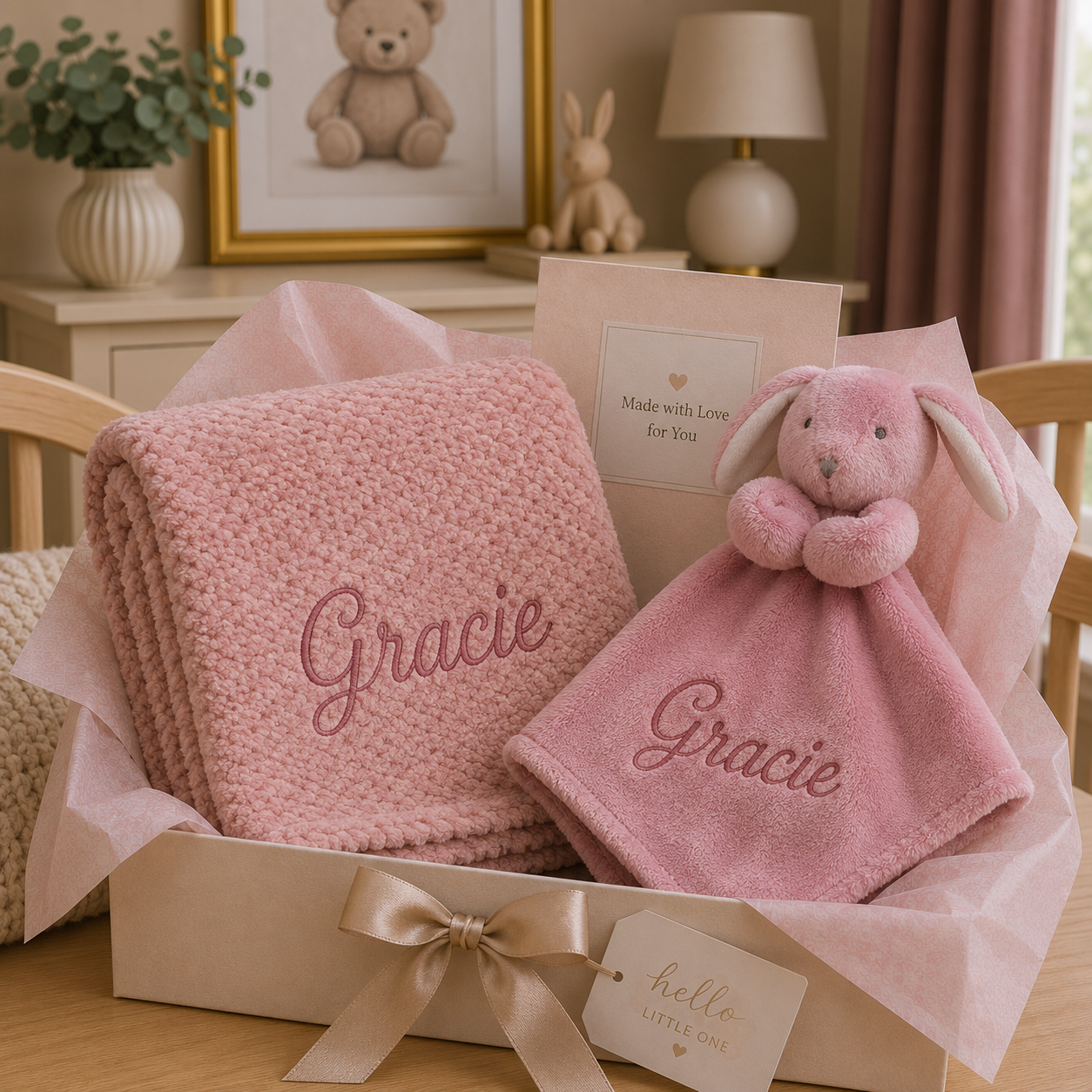 Personalised pink bubble blanket and fluffy bunny comforter baby gift box embroidered with name Gracie