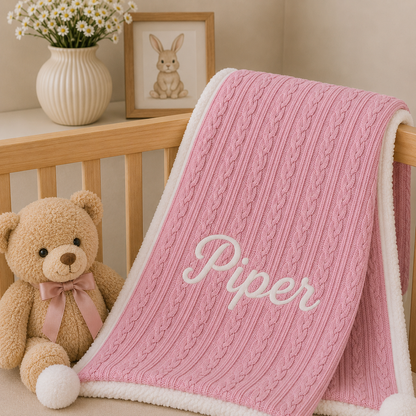 A pink cable-knit baby blanket with a white sherpa border and the name 'Piper' embroidered in white, draped over a wooden crib next to a teddy bear and a vase of daisies.
