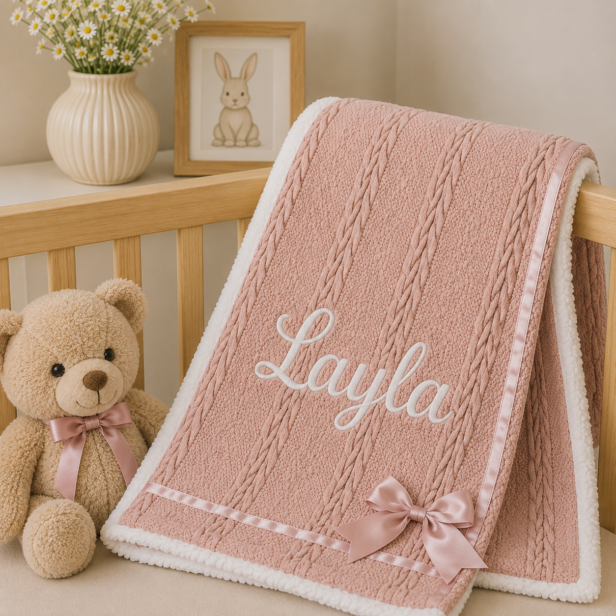 A pink knitted baby blanket with white sherpa trim, personalized with the name 'Layla' in white script and a matching pink satin bow, styled next to a teddy bear and a wooden crib.
