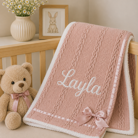 A pink knitted baby blanket with white sherpa trim, personalized with the name 'Layla' in white script and a matching pink satin bow, styled next to a teddy bear and a wooden crib.