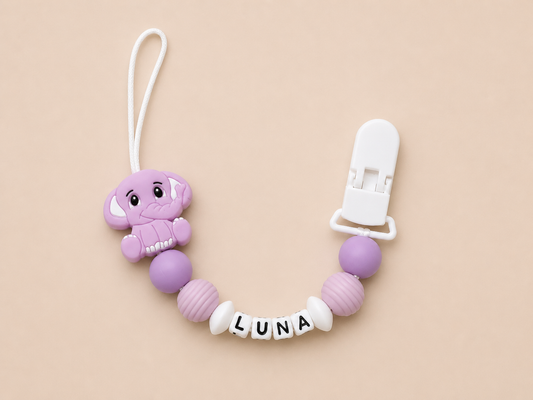 Personalised Elephant Dummy Clip - Lilac & Purple (Plastic Letter Design)