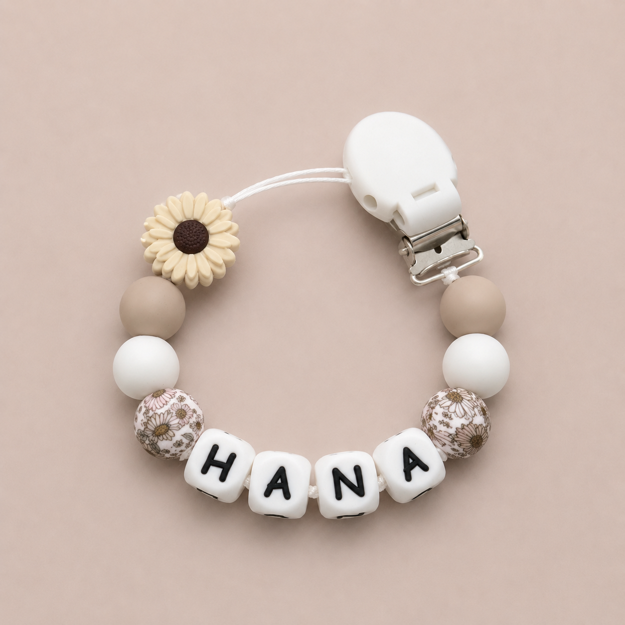 Personalised Sand & Floral Daisy Flower Dummy Clip (Silicone Letter Design)