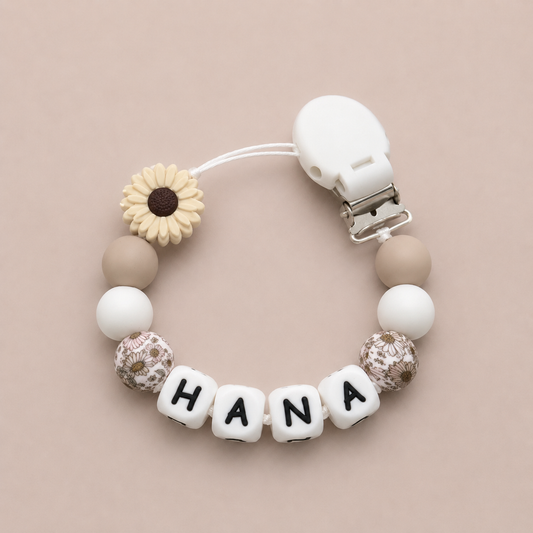 Personalised Sand & Floral Daisy Flower Dummy Clip (Silicone Letter Design)