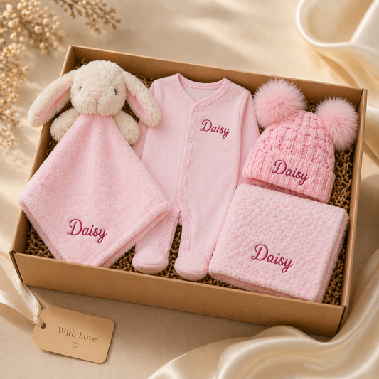 Baby gift set with pink items including a onesie, blanket, and hat, all personalized with 'Daisy'.