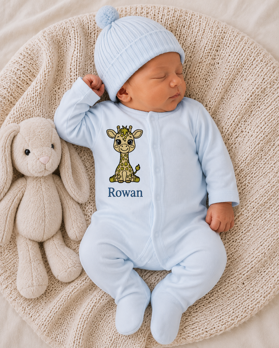 Newborn baby in a blue onesie with a giraffe design and 'Rowan' text, wearing a matching hat, lying on a textured blanket next to a plush toy.
